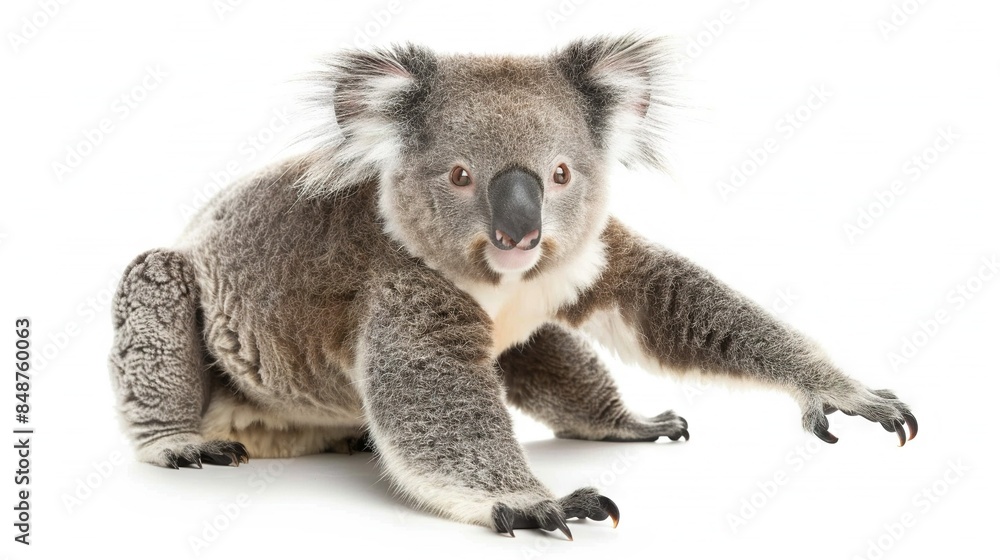 Obraz premium A koala rests on the ground with open legs and a turned head