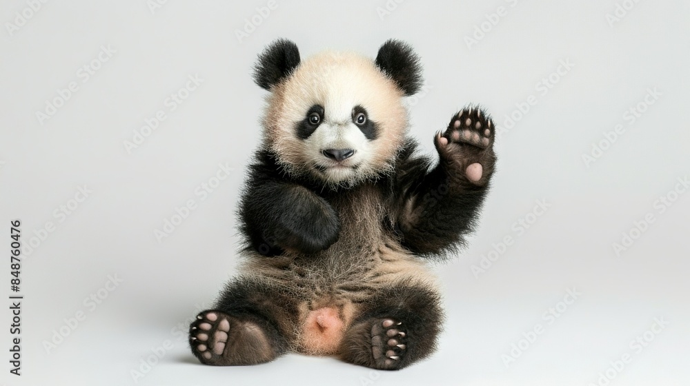 Panda sitting in mid-pose with hands up, eyes wide Panda sitting in mid-pose with hands up, eyes wide