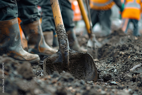 Workers digging a ditch with shovels photo