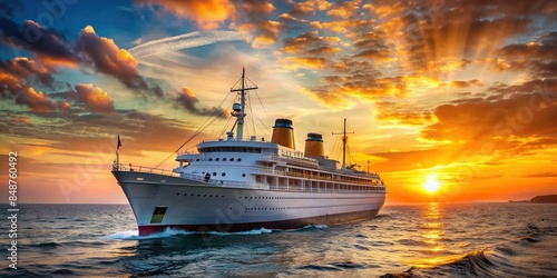 Historical trans-Atlantic cruise ship sailing at sunset, cruise ship, trans-Atlantic, historical, vintage, travel, vacation photo
