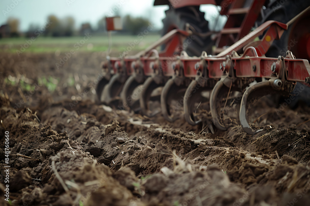 Red tractor plowing field on cloudy day Red tractor plowing field on cloudy day