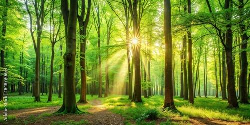 Background of a serene forest setting with lush green trees and sunlight filtering through the leaves, forest, trees