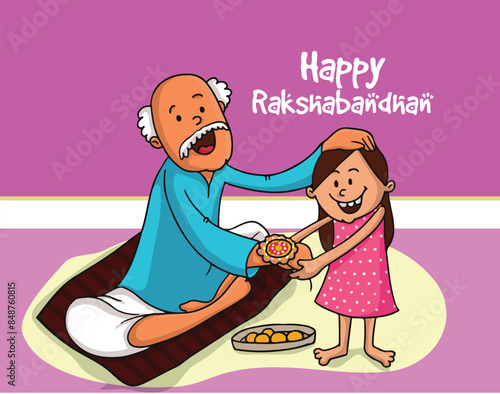 Cute Indian girl tying Rakhi to her grandfather on the occasion of Rakshabandhan festival and he is blessing him, can be used as greeting card.