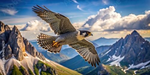 Majestic peregrine falcon in flight over a mountain landscape, peregrine falcon, bird of prey, majestic, flying, wings spread photo