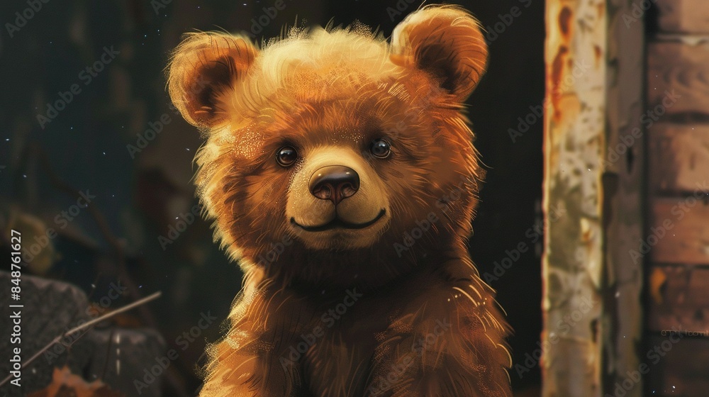 A close-up bear against a brick background with a bear painting in the foreground A close-up bear against a brick background with a bear painting in the foreground
