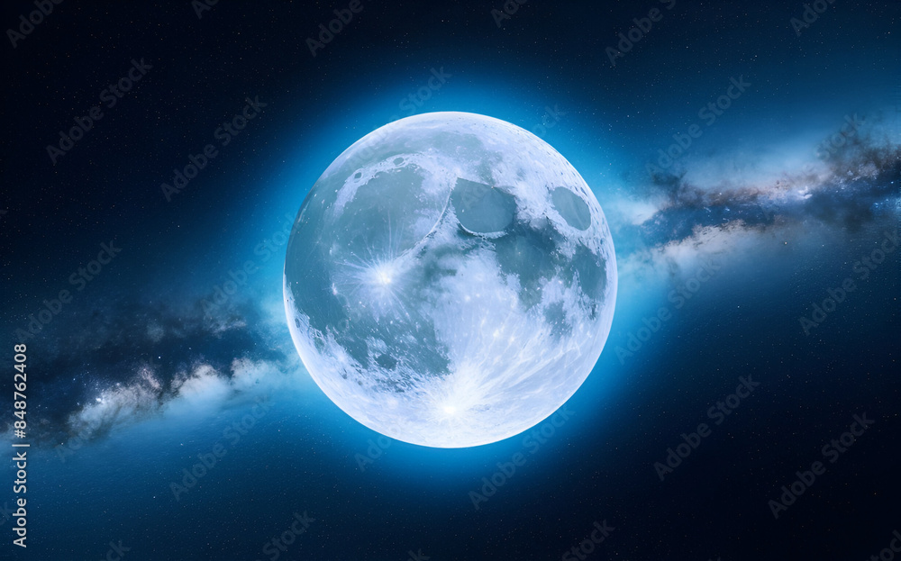 Blue full moon against milky way galaxy Blue full moon against milky way galaxy