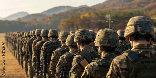A long line of soldiers in uniform marching down a field. Generative AI.