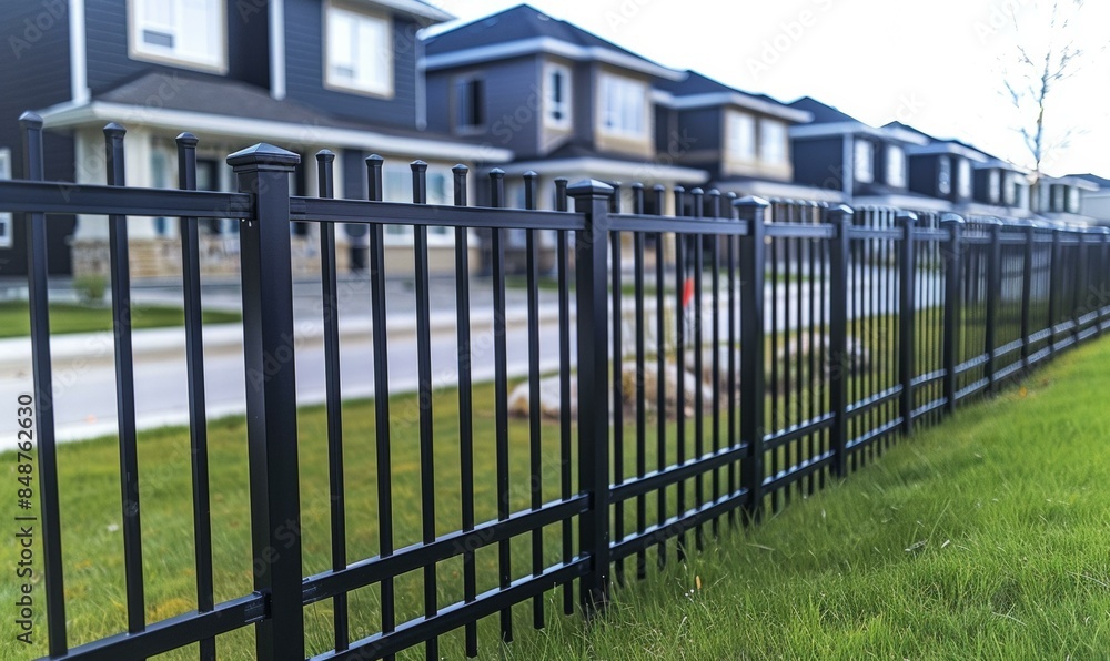 A black fence in front of a row of houses with grass. Generative AI. A black fence in front of a row of houses with grass. Generative AI.
