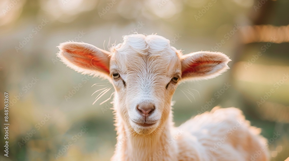 a baby goat looking directly at the camera with trees in focus in the background a baby goat looking directly at the camera with trees in focus in the background