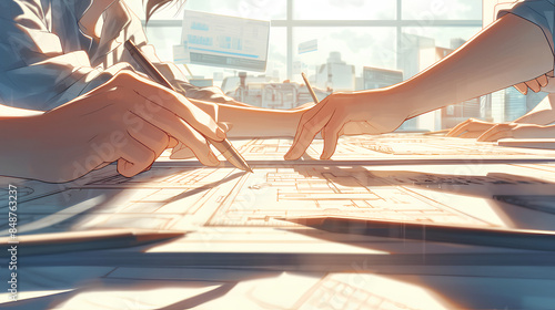 Team of architects working together on project, anime style photo
