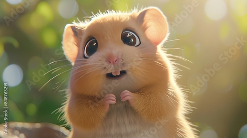   A hamster standing on hind legs with paws on chest and eyes open photo