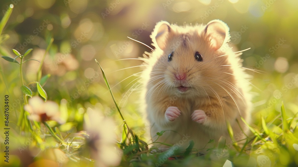 A hamster on its hind legs in a green field with its front paws on the ground A hamster on its hind legs in a green field with its front paws on the ground