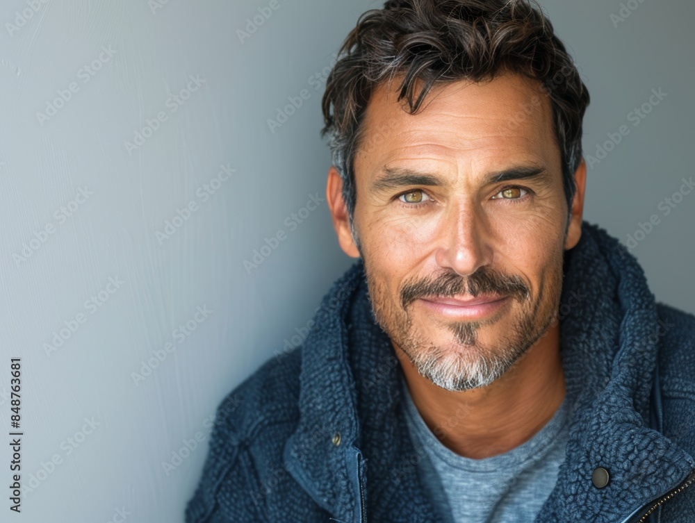 a 40-50 year old male model with a handsome face, full of confidence and success, has a beard and wears a thick jacket against a white wall background a 40-50 year old male model with a handsome face, full of confidence and success, has a beard and wears a thick jacket against a white wall background
