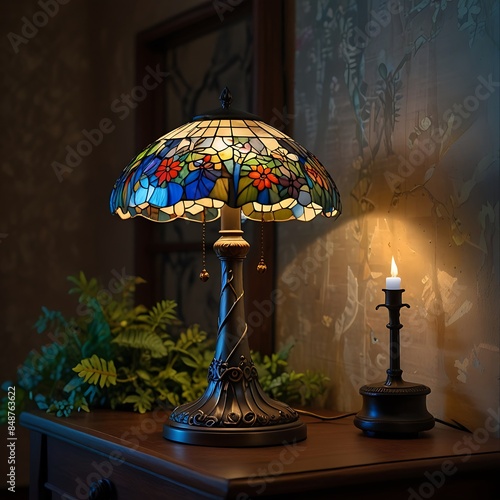 An intricately designed lamp with a stained-glass shade that resembles a colorful
