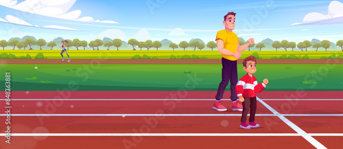 Active father and son running on stadium. Vector cartoon illustration of happy dad jogging with kid, enjoying outdoor workout together, active athletes training on sunny summer day, healthy lifestyle