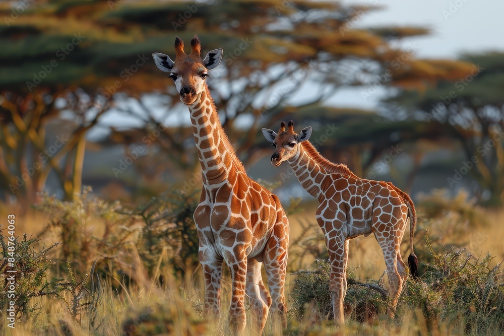 Obraz premium A baby giraffe standing close to its mother in the savannah, looking up at her. The background includes acacia trees and a clear blue sky