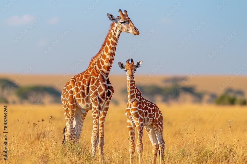 Obraz premium A baby giraffe standing close to its mother in the savannah, looking up at her. The background includes acacia trees and a clear blue sky
