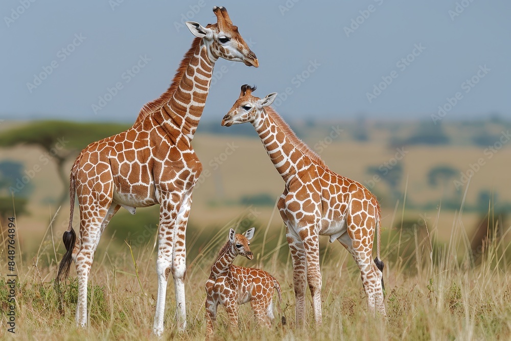 A baby giraffe standing close to its mother in the savannah, looking up at her. The background includes acacia trees and a clear blue sky A baby giraffe standing close to its mother in the savannah, looking up at her. The background includes acacia trees and a clear blue sky