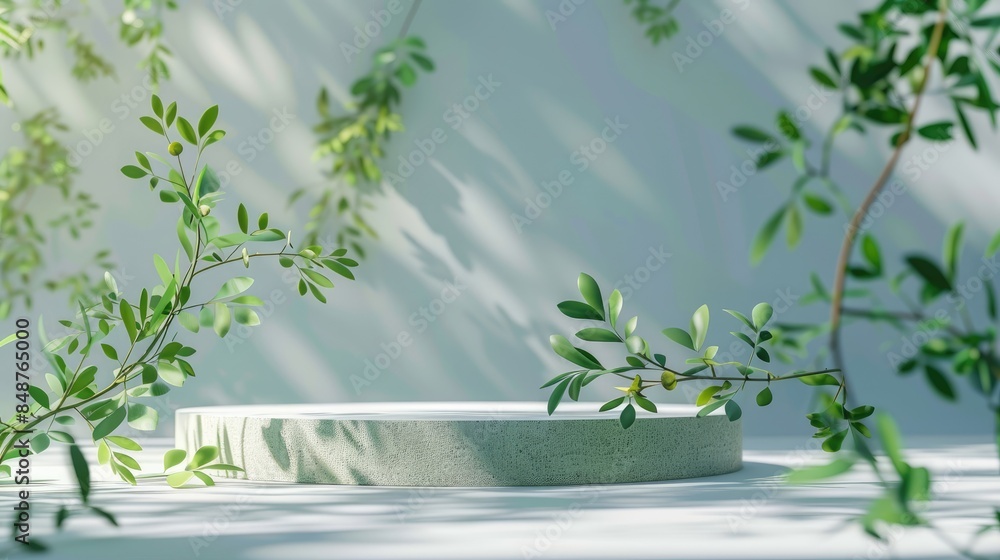 Green foliage around a minimalistic stone pedestal platform Green foliage around a minimalistic stone pedestal platform