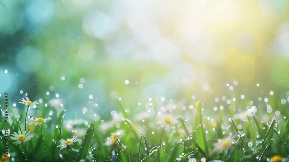 Beautiful spring background with dew on the grass and daisies Beautiful spring background with dew on the grass and daisies