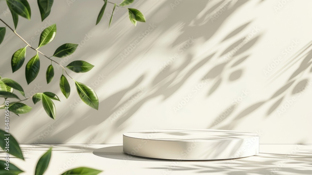 Minimal abstract background for a product presentation, a white round podium with green leaves and a shadow on the wall Minimal abstract background for a product presentation, a white round podium with green leaves and a shadow on the wall