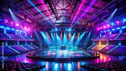 Esports stage with neon lights in a large arena , Esports, stage, neon lights, design, arena, event, screens