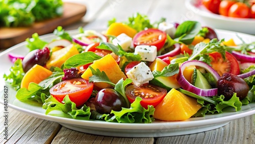 Close up of a colorful and fresh salad on a white plate, healthy, greens, vegetables, organic, food, meal, lunch