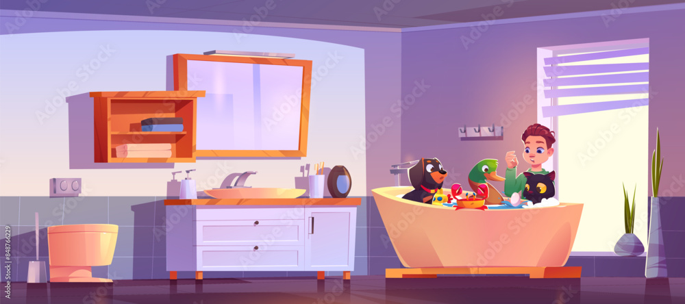 Boy Washing Pets In Bathroom Vector Cartoon Illustration Of Happy