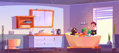 Boy washing pets in bathroom. Vector cartoon illustration of happy child taking care of puppy, kitten, duck, toy submarine and crab in foamy bath, friends having fun together at home, animal adoption