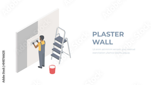 Isometric plaster wall. Repairman concept illustration.