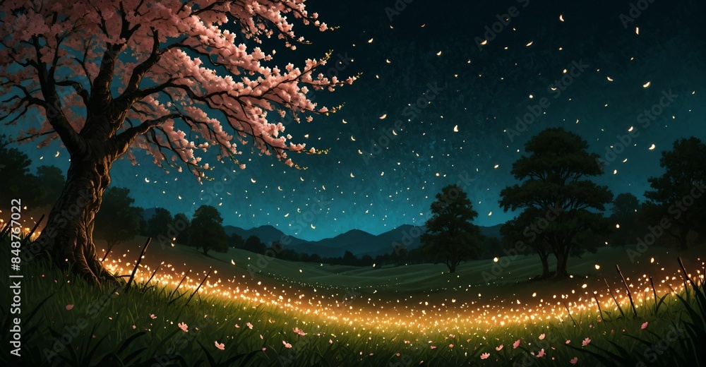 sakura blossom trees blooming in dark night park meadow tree orchard ...