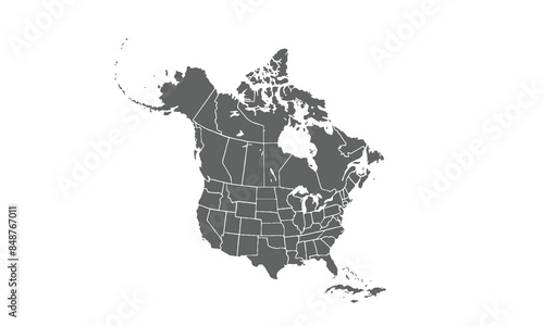 North america map with usa and canada isolated on white background. for website layouts, background, education, precise, customizable, Travel worldwide, map silhouette backdrop, earth geography.