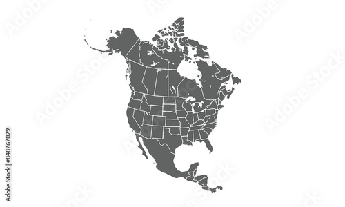 Map north and central america isolated on white background. for website layouts, background, education, precise, customizable, Travel worldwide, map silhouette backdrop, earth geography, political.