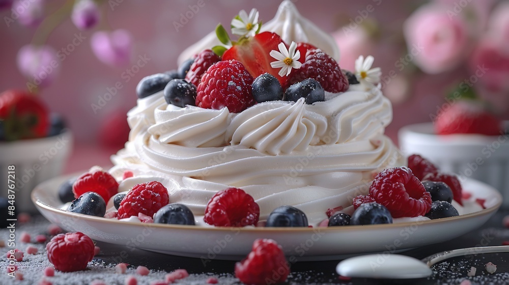 Close-up photo of a delicious cake with fresh raspberries and blueberries adorning its surface Close-up photo of a delicious cake with fresh raspberries and blueberries adorning its surface