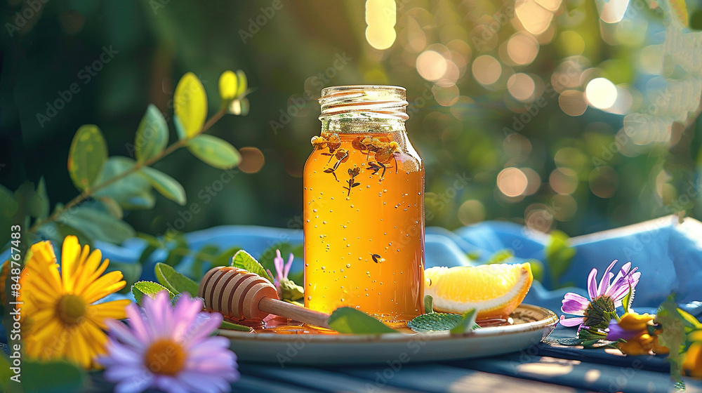 A jar of honey sits atop a table beside a lemon-slice and honey plate A jar of honey sits atop a table beside a lemon-slice and honey plate