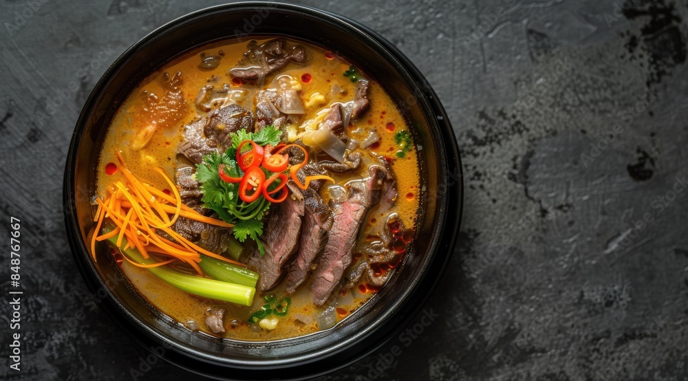 Bowl of delicious Asian soup with beef slices Bowl of delicious Asian soup with beef slices