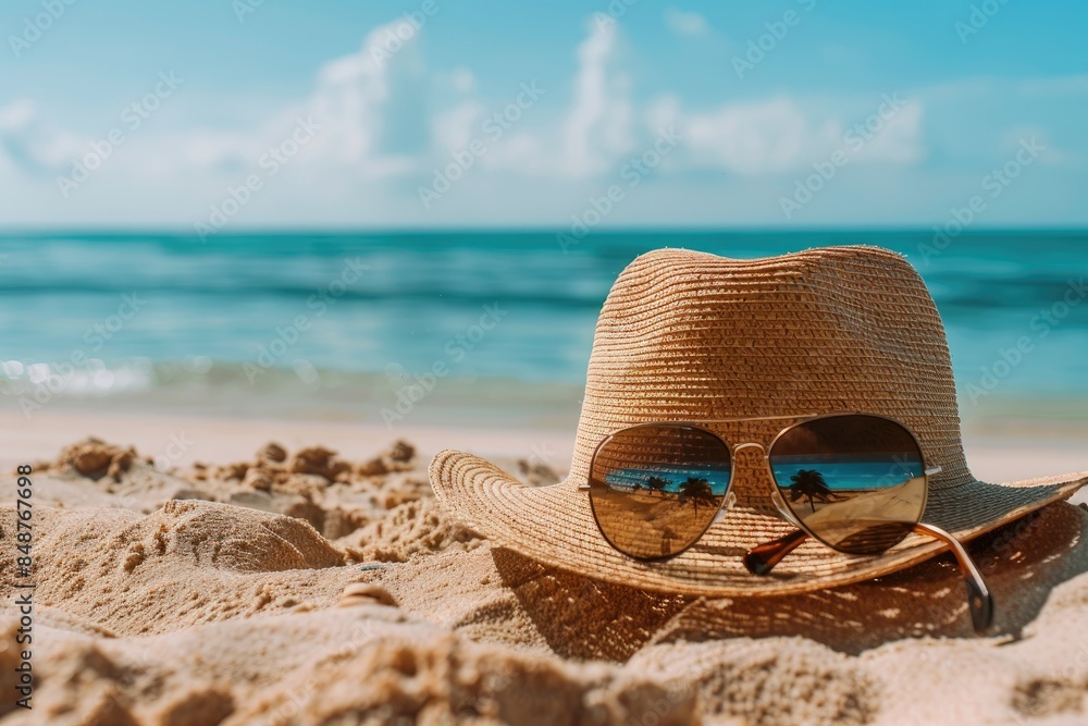 Sunlit beach setting with a straw hat and sunglasses placed on the sand, capturing the essence of a relaxing tropical summer vacation Sunlit beach setting with a straw hat and sunglasses placed on the sand, capturing the essence of a relaxing tropical summer vacation