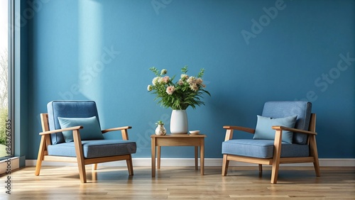 Tranquil blue living space with sleek wooden armchairs and fresh flowers , tranquil, blue