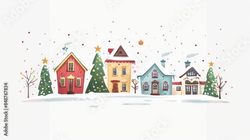 This colorful illustration depicts a snowy landscape with stylized trees and gently falling snow, invoking a sense of festive winter cheer