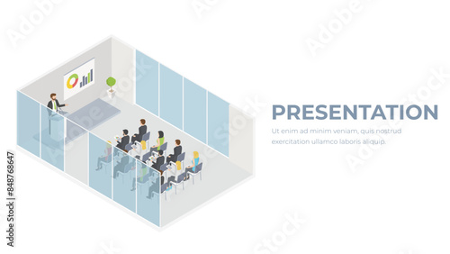 Business presentation isometry. Conference room with people. Business training concept.