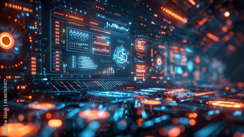 Futuristic digital interface with glowing lights and data visualizations, representing advanced technology and cybersecurity concepts. Futuristic digital interface with glowing lights and data visualizations, representing advanced technology and cybersecurity concepts.