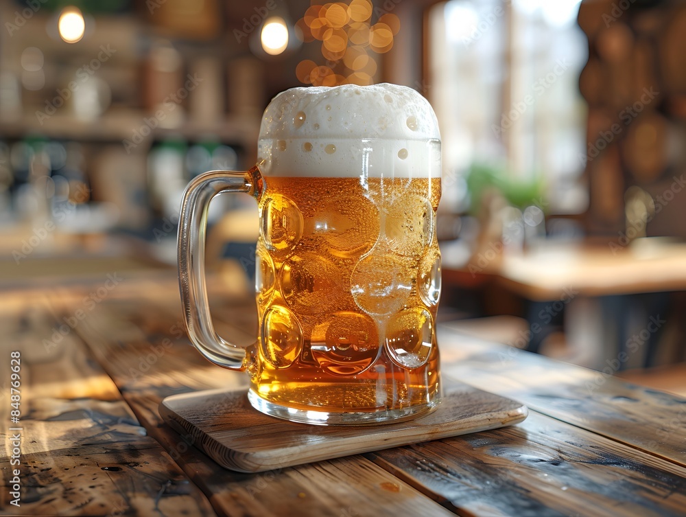 A beer mug on the counter in a classic wooden beer shop.The beer is pale gold in color and has thick white foam on top. There was a little beer splashed on top. Suitable for promoting beverages. A beer mug on the counter in a classic wooden beer shop.The beer is pale gold in color and has thick white foam on top. There was a little beer splashed on top. Suitable for promoting beverages.