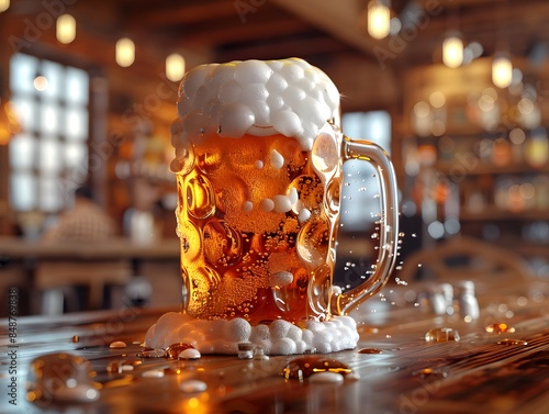 A beer mug on the counter in a classic wooden beer shop.The beer is pale gold in color and has thick white foam on top. There was a little beer splashed on top.  Suitable for promoting beverages. photo