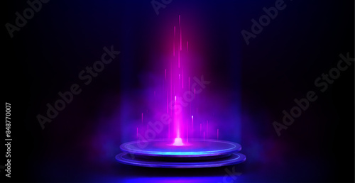 Tech hologram light podium or game portal with neon glow blue circles and beams on black background. Realistic 3d vector illustration of futuristic stage or platform. Scifi cyberpunk teleport pedestal