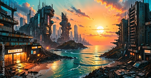 dystopian sci fi city ocean sunset. cyberpunk science fiction buildings on sea beach shore. tropical metropolis urban coast shoreline. photo