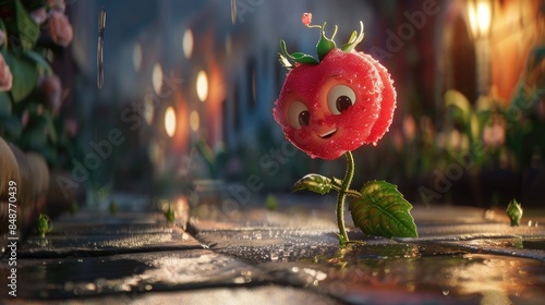 The rose mascot character features an adorable design and exudes a sense of timidity through its endearing gestures