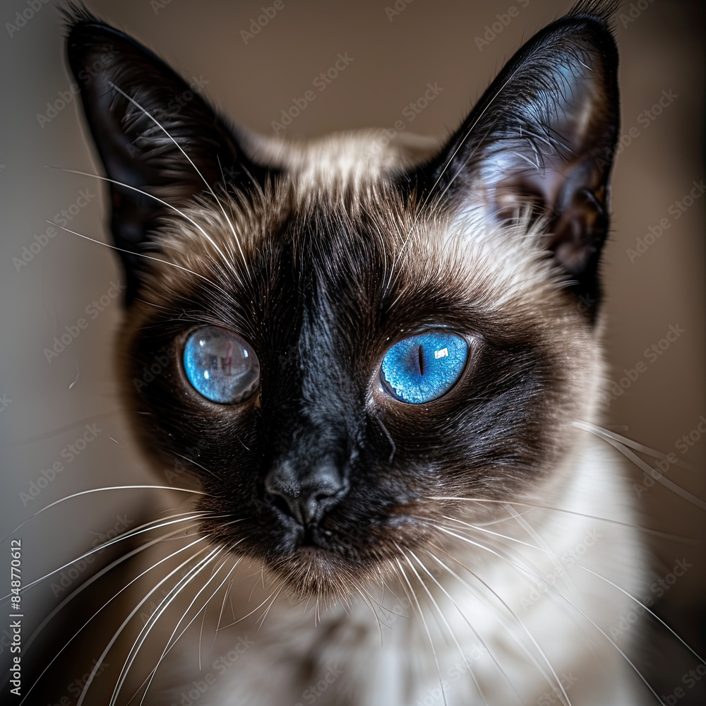 Siamese cat close-up portrait, vibrant blue eyes, staring intently, indoor, warm light, blurred background. Siamese cat close-up portrait, vibrant blue eyes, staring intently, indoor, warm light, blurred background.