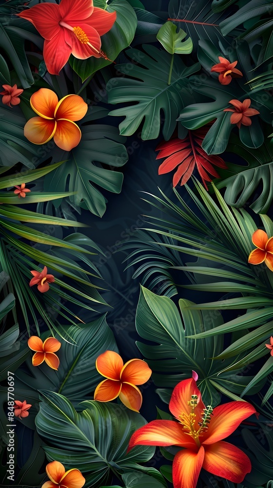 Vibrant Tropical Frame Background with Lush Palm Leaves and Exotic Floral Motifs long title Vibrant tropical frame background filled with lush palm Vibrant Tropical Frame Background with Lush Palm Leaves and Exotic Floral Motifs long title Vibrant tropical frame background filled with lush palm