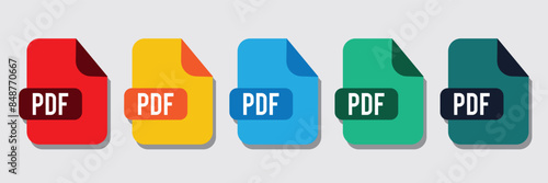 PDF file format icons set. PDF file download symbols. Format for texts, images, vector images. Format and extension of documents. Colourful pdf file icon.