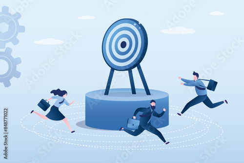Business competition, people running around the target. Goal is on high pedestal. Colleagues rivals in search of right path to business or career development.
